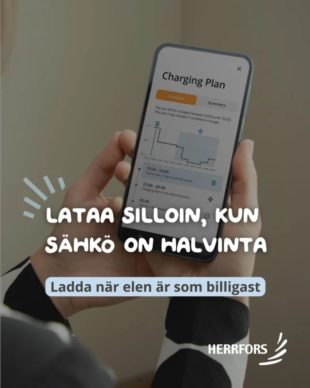 (FI/SVE)⚡️Herrfors-sovellus lataa silloin, kun sähkö on halvinta!⁠
⁠
Unohda hintojen seuraaminen ja aikataulujen säätö, Herrfors-sovellus tekee sen puolestasi.⁠
Sähköauton lataus tapahtuu automaattisesti silloin, kun pörssisähkön hinta on alimmillaan. 🔋⁠
⁠
Kytke autosi lataukseen silloin kun sinulle sopii, ja anna sovelluksen optimoida loput.⁠
Älykäs lataus säästää sekä aikaa että rahaa, ja tekee arjestasi vähän helpomman. ✨⁠
⁠
👉 Tutustu älylataukseen: herrfors.fi⁠
⁠
//⁠
⁠
⚡️ Herrfors-appen laddar när elen är som billigast!⁠
⁠
Glöm att hålla koll på priser och tider, Herrfors-appen gör det åt dig.⁠
Laddningen sker automatiskt under dygnets billigaste timmar, helt utan att du behöver lyfta ett finger. 🔋⁠
⁠
Koppla in bilen när det passar dig, appen optimerar resten.⁠
Smart laddning som sparar både tid och pengar, och gör vardagen lite enklare. ✨⁠
⁠
👉 Läs mer: herrfors.fi⁠
⁠
#Herrfors #sähköauto #sähköautoilijat #elbil #sähköautonlataus #elbilsladdning #pörssisähkö #spotsähkö #spotpris