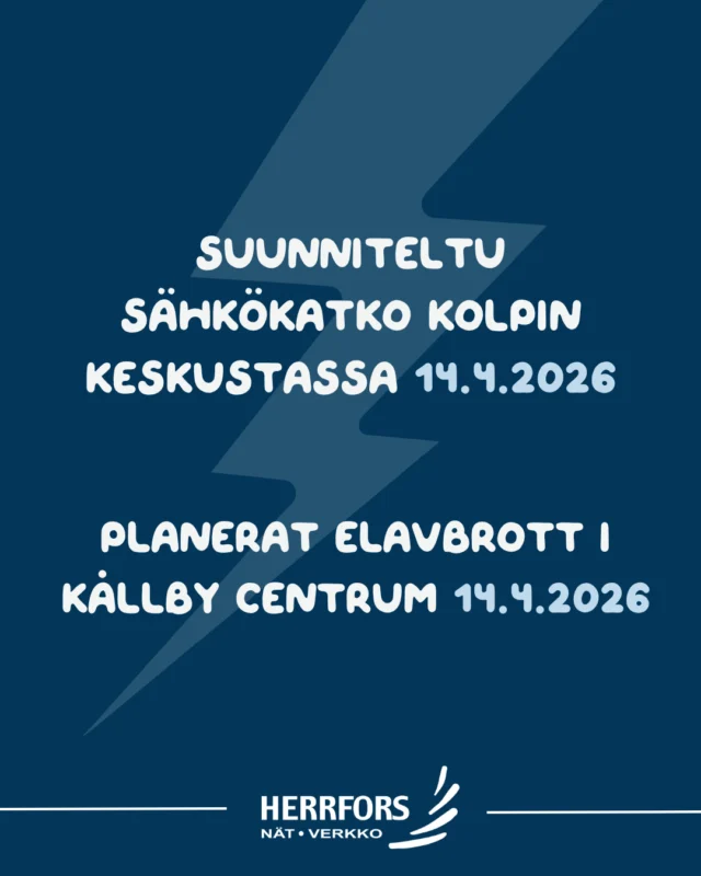 (FI/SVE) ⚡️Suunniteltu sähkökatko Kolpin keskustassa 14.4.2026⁠
⁠
Herrfors Nät-Verkko suorittaa muuntajan vaihdon Kolpin keskustassa tiistaina 14.4.2026 osana verkon huolto- ja kunnossapitotöitä.⁠
⁠
⚠️Työ aiheuttaa suunnitellun sähkökatkon:⁠
Ti 14.4.2026. klo 9.00–11.00⁠
⁠
Pahoittelemme työstä aiheutuvaa haittaa ja kiitämme ymmärryksestä.⁠
⁠
//⁠
⁠
⚡️Planerat elavbrott i Kållby centrum 14.4.2026⁠
⁠
Herrfors Nät-Verkko utför ett transformatorbyte i Kållby centrum tisdagen den 14.4.2026 som en del av underhålls- och servicearbeten i elnätet.⁠
⁠
⚠️Arbetet orsakar ett planerat elavbrott:⁠
Ti 14.4.2026 kl. 9.00–11.00⁠
⁠
Vi beklagar olägenheten och tackar för er förståelse.⁠
⁠
#herrfors #herrforsnätverkko