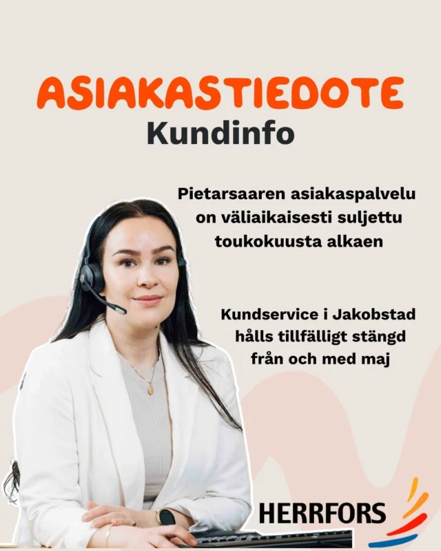 (FI/SVE) Pietarsaaren asiakaspalvelumme on väliaikaisesti suljettuna toukokuusta alkaen tilojemme remontin vuoksi. 🔨Tänä aikana palvelemme sinua sähköisten palvelujen, sähköpostin ja puhelimen kautta.⁠
⁠
📞Puhelin: (06) 781 5300⁠
💌Sähköposti: info@herrfors.fi⁠
⁠
Kiitos ymmärryksestänne! 🧡⁠
⁠
//⁠
⁠
Vår kundservice i Jakobstad hålls tillfälligt stängd från och med maj medan vi renoverar våra utrymmen. 🔨Under tiden betjänar vi dig via våra elektroniska tjänster, e-post och telefon.⁠
⁠
📞Telefon: (06) 781 5300⁠
💌E-post: info@herrfors.fi⁠
⁠
Tack för er förståelse! 🧡⁠
⁠
#herrfors