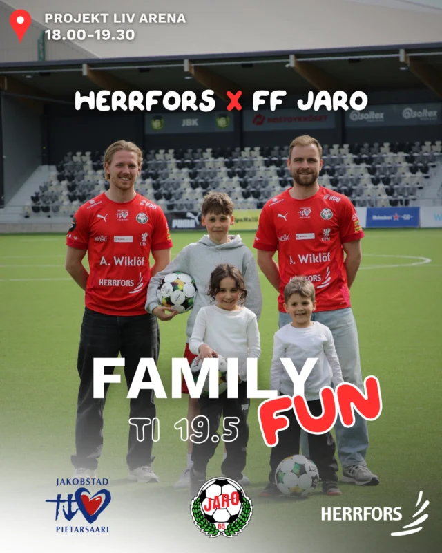 (FI/SVE) Herrfors X FF Jaro Family Fun ⚽️⚡️⁠
⁠
Tervetuloa mukavaan ja aktiiviseen perheiltaan Project Liv Arenalle yhdessä Herrforsin, FF Jaron ja Pietarsaaren kaupungin kanssa.⁠
⁠
Illan aikana lapset pääsevät kokeilemaan erilaisia jalkapalloaktiviteetteja yhdessä FF Jaron pelaajien kanssa, ja myös Pietarsaaren kaupunki on mukana omalla aktiviteetillaan. Tarjoamme pientä purtavaa ja järjestämme lisäksi arpajaiset.⁠
⁠
Tapahtuma on ilmainen ja avoin kaikille.⁠
📍Project Liv Arena⁠
📅Tiistai 19.5.2026⁠
⏰️Klo 18.00–19.30⁠
🎉Vapaa pääsy⁠
⁠
Ota perhe mukaan ja tule viettämään iltaa täynnä liikettä, yhteisöllisyyttä ja jalkapallon iloa! ❤️🤍⁠
⁠
//⁠
⁠
Herrfors X FF Jaro Family Fun ⚽️⚡️⁠
⁠
Välkommen till en rolig och aktiv familjekväll på Project Liv Arena tillsammans med Herrfors, FF Jaro och Staden Jakobstad.⁠
⁠
Under kvällen får barnen testa på olika fotbollsaktiviteter tillsammans med spelare från FF Jaro, och Staden Jakobstad finns också på plats med en egen aktivitet. Vi bjuder på servering och ordnar dessutom lotteri.⁠
Evenemanget är gratis och öppet för alla.⁠
⁠
📍Project Liv Arena⁠
📅Tisdag 19.5.2026⁠
⏰️Kl. 18.00–19.30⁠
🎉Gratis inträde⁠
⁠
Ta med familjen och kom med på en kväll fylld av rörelse, gemenskap och fotbollsglädje!❤️🤍⁠
⁠
#herrfors #ffjaro #jakobstadpietarsaari