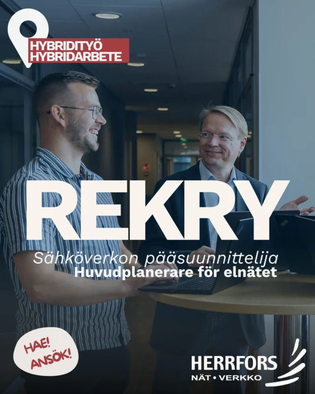 (FI/SVE) Me haemme sähköverkon pääsuunnittelijaa!⚡️⁠
⁠
Tässä tehtävässä pääset mukaan kehittämään tulevaisuuden jakeluverkkoa ja vaikuttamaan sen pitkäjänteiseen suunnitteluun. Etsimme kokenutta asiantuntijaa, jolla on koulutusta sähkövoimatekniikasta sekä kokemusta sähköverkon suunnittelusta ja mitoituksesta.⁠
⁠
📍Hybridityö. 
Toimipiste: Pietarsaari, Ylivieska tai Vaasa.⁠
⁠
Hae viimeistään 31.5.2026: ⁠
👉🏼https://www.herrforsnat.fi/fi/toihin-meille/⁠
⁠
🔹Lisätietoja: Katja Luomaranta
040 585 2606
katja.luomaranta@patrio.fi⁠
⁠
 // ⁠
⁠
Vi söker huvudplanerare för elnätet!⚡️⁠
⁠
I denna roll får du vara med och utveckla framtidens distributionsnät och påverka den långsiktiga planeringen av elnätet. Vi söker en erfaren expert med utbildning inom elkraftteknik och erfarenhet av planering och dimensionering av elnät.⁠
⁠
📍Hybridarbete. 
Placeringsort: Jakobstad, Ylivieska eller Vasa.⁠
⁠
Ansök senast 31.5.2026⁠
👉🏼https://www.herrforsnat.fi/jobba-hos-oss/⁠
⁠
🔹Tilläggsuppgifter: 
Katja Luomaranta
040 585 2606
katja.luomaranta@patrio.fi

#herrforsnätverkko #rekry #herrfors