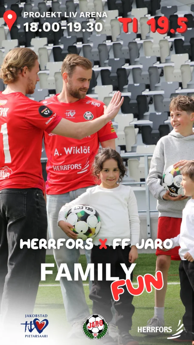 (SVE/FI) Snart smäller det!💥

Välkommen till Project Liv Arena på en energifylld familjekväll tillsammans med Herrfors, FF Jaro och Staden Jakobstad. ⚽️

Under kvällen får barnen testa på fotbollsaktiviteter tillsammans med spelare från FF Jaro. Staden Jakobstad finns också på plats med en egen aktivitet. Herrfors bjuder på något gott och ordnar dessutom lotteri.

Evenemanget är gratis och öppet för alla.🥳

📍 Project Liv Arena
📅 Tisdag 19.5.2026
⏰ Kl. 18.00–19.30
💥Gratis inträde

Ta med familjen och kom med! 🤩⚽️

//

Pian tapahtuu!💥

Tervetuloa Project Liv Arenalle energiseen perheiltaan yhdessä Herrforsin, FF Jaron ja Pietarsaaren kaupungin kanssa. ⚽️

Illan aikana lapset pääsevät kokeilemaan jalkapalloaktiviteetteja yhdessä FF Jaron pelaajien kanssa. Myös Pietarsaaren kaupunki on mukana omalla aktiviteetillaan. Tarjoamme pientä hyvää ja järjestämme lisäksi arpajaiset.

Tapahtuma on ilmainen ja avoin kaikille.🥳

📍 Project Liv Arena
📅 Tiistai 19.5.2026.
⏰ Klo 18.00–19.30
💥Vapaa pääsy

Ota perhe mukaan ja tule mukaan! 🤩⚽️

#herrfors #ffjaro #jakobstadpietarsaari