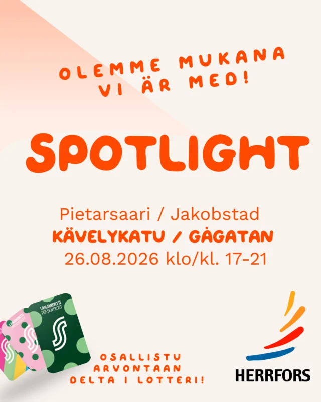 (FI/SVE) Nähdään huomenna Spotlightissa!🔆⁠
⁠
Herrfors on mukana Spotlightissa Pietarsaaren kävelykadulla klo 17–21. ⚡⁠
⁠
Tule moikkaamaan meitä, osallistumaan arvontaan ja juttelemaan sähköstä. Kerromme mielellämme myös Spot+ -sopimuksen hintakiinnityksistä ja siitä, miten voit niiden avulla suojautua korkeammilta sähkön hinnoilta.⁠
⁠
Nähdään Spotlightissa! 💙⁠
⁠
//⁠
⁠
Vi ses på Spotlight imorgon! 🔆⁠
⁠
Herrfors är med på Spotlight på gågatan i Jakobstad kl. 17–21. ⚡⁠
⁠
Kom förbi och träffa oss, delta i utlottningen och prata el. Vi berättar gärna mer om prissäkring med Spot+ och hur du kan använda den för att skydda dig mot högre elpriser.⁠
⁠
Vi ses på Spotlight! 💙⁠
⁠
#herrfors #spotlight